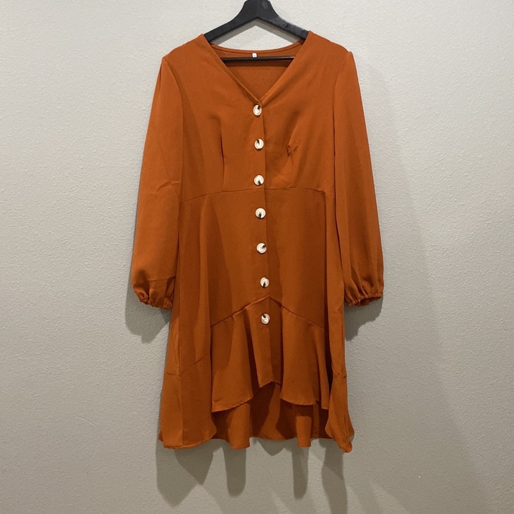 SHEIN Rust Orange Long Sleeve Button Down Ruffle Trim Hi Low Dress Size M